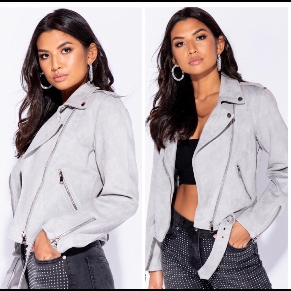 Woman’s Grey Faux Suede Biker Motto Jackets